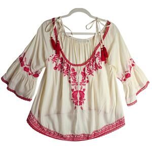 Love Sam Sm Ivory n Red Embroidered Peasant Blouse cold Shoulder Top Silk lace‎